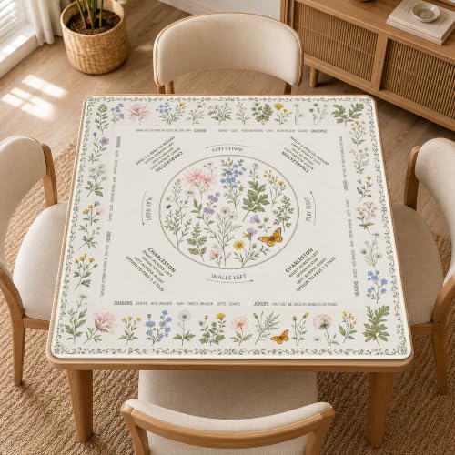 Wildflower Garden Mahjong Mat with Rules Non-Slip Noise Reduction Gaming Mats with Carrying Bag, American Mahjong Table Cover for Poker Board Card Games Dominoes, 31.5” x 31.5” - color: Wildflower Garden