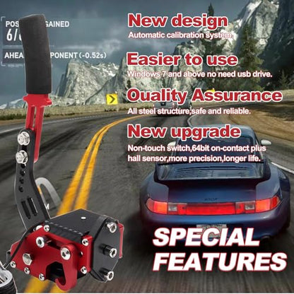 Handbrake Sim Racing, USB Handbrake for PC Windows Brake Sim Racing Game | 클램프 및 핸들 그립이 있는 Sim E 핸드브레이크, G27 G29 G920 G923 T500 T300과 호환되는 64비트 E 핸드 브레이크 - color: 레드