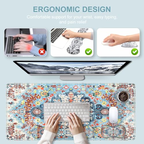 iLeadon Mouse Pad Set, 4in1 Large Gaming Desk Mat with Wrist Rest | Desk Mat with Wrist Rest, Keyboard Wrist Rest and Coaster, Mouse Pad Set for Home Office ,Retro Boho Floral Blue - color: Retro Boho Floral Blue