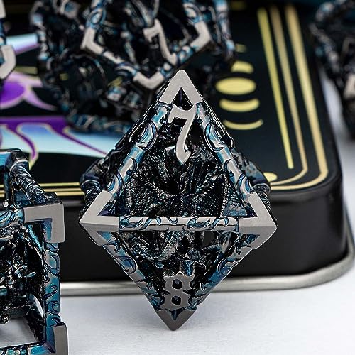 ARUOHHA Hollow DND Dice Set Black Blue Metal Dragons D and D Dice with Gift Box, Role Playing Games 7PCS RPG Dungeons Polyhedral Dice Set D20 D12 D10 D8 D6 D4 - color: Black Blue