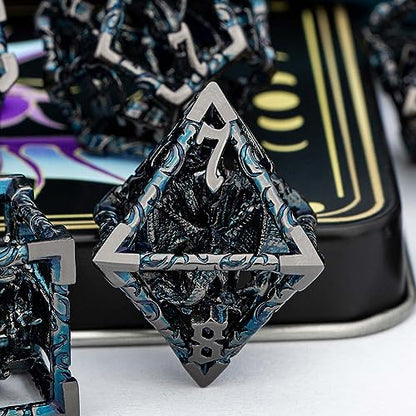 ARUOHHA Hollow DND Dice Set Black Blue Metal Dragons D and D Dice with Gift Box, Role Playing Games 7PCS RPG Dungeons Polyhedral Dice Set D20 D12 D10 D8 D6 D4 - color: Black Blue