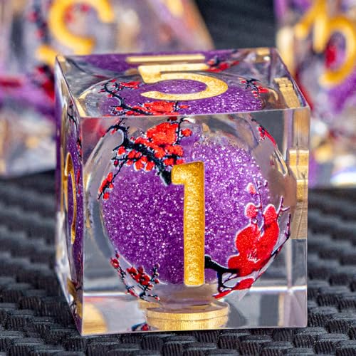 ARUOHHA DND Resin Dice Plum Blossom Liquid Core Purple Sharp Edged Polyhedral Dragons Dice Set with Gift Box, Dungeons D and D Dice Role Playing Game D20 D12 D10 D8 D6 D4 - color: Flower&golden Purple