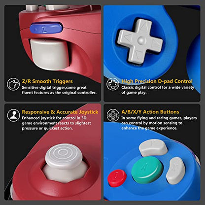 FIOTOK Gamecube Controller, Classic Wired Controller for Wii & Gamecube | Red & Blue-2pack - color: Red & Blue