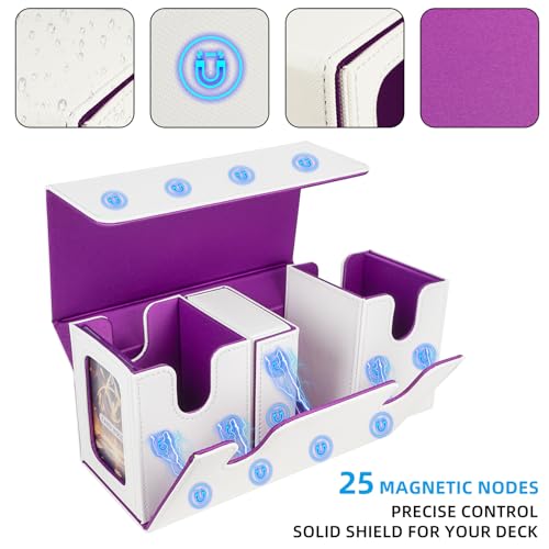 AFIING MTG Commander Card Storage Box - Fits 200 Double Sleeved Cards,3-in-1Card Deck Case,Mtg deck Card Organizer For Commander TCG CCG,4Dividers &2 Toploaders, Whtie/Purple - color: White Purple