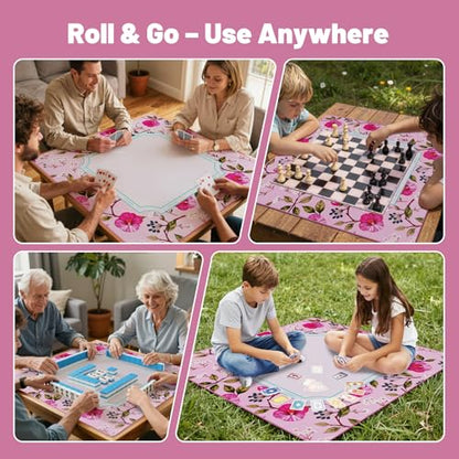 Anti Slip Mahjong Mat for Table 32.4" x 32.4" - Noise Reduction Rubber Base Game Mat with Carrying Bag, Waterproof Portable Table Cover for Poker/Cards/Board Games/Tile Games-Pink - color: Fl-pink