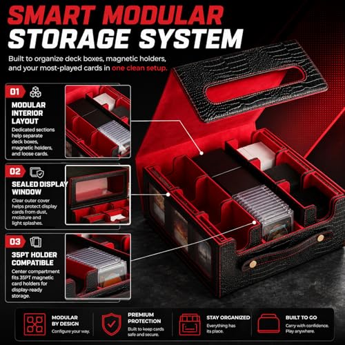 9IN1 MTG Deck Box with Handle, Fits 1000 Trading Cards or 8 Commander Decks, Premium Black Red Leather TCG Storage Case with 8 Removable Trays and 10 Dividers, Compatible with Magic, Yu-Gi-Oh! - color: Black Red