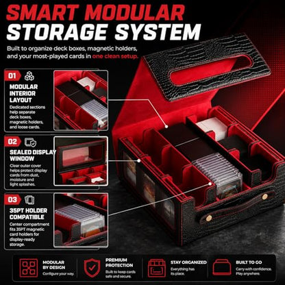 9IN1 MTG Deck Box with Handle, Fits 1000 Trading Cards or 8 Commander Decks, Premium Black Red Leather TCG Storage Case with 8 Removable Trays and 10 Dividers, Compatible with Magic, Yu-Gi-Oh! - color: Black Red