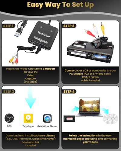 VHS to Digital Converter & RCA to HDMI Adapter USB Video Capture for VCR/DVD/AV/PS2/Wii,av to hdmi to Display Output, wii hdmi Adapter,Save/Convert OldVideo （Software Required for Cap