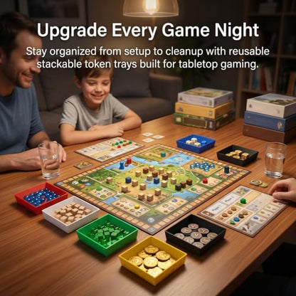 Board Game Token Trays – Stackable Plastic Game Piece Organizers, Dice, Cubes, Coins & Components – Color Coded Tabletop Gaming Accessory for Family Game Night, RPG & Strategy Games (6)