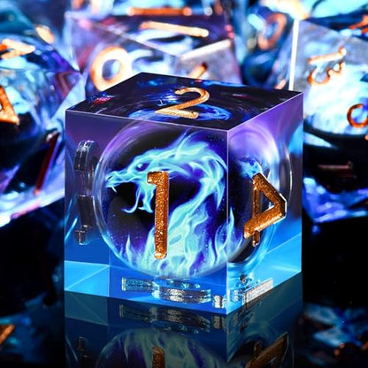 AUSTOR 7 Die DND Dice Set - Blue Flame Dragon Resin Dice (D20, D12, D10, D8, D6, D4) with Case - color: Blue Flame Dragon