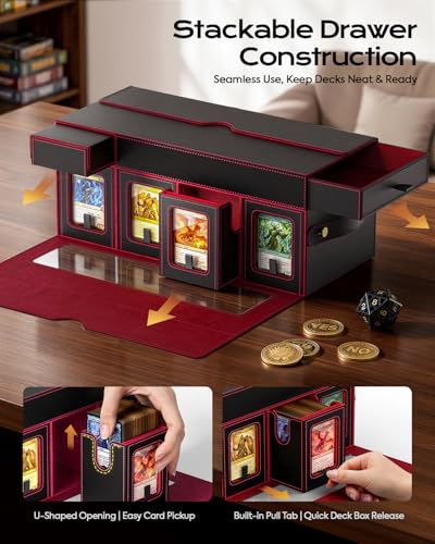MoKo Commander Deck Box for MTG with Handle & Dice Tray, 8+2 Modular Design | 8-Deck Modular Card Case, Magnetic Holders & Dividers Included, Holds 1040+Double-Sleeved Cards, Playmat Storage, Fit TCG/EDH - color: Black Red