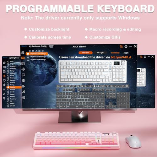 AULA S98 Pro Wireless Mechanical Keyboard with Screen & Knob,2.4GHz/USB-C/BT5.0 Hot Swappable Pink Creamy Keyboard,Pre-lubed Linear Switches,Side Printed PBT Keycaps,RGB Backlit Gaming Keyboards - color: Side Printed Pink