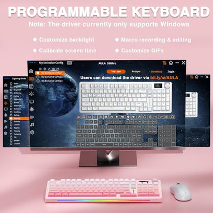 AULA S98 Pro Wireless Mechanical Keyboard with Screen & Knob,2.4GHz/USB-C/BT5.0 Hot Swappable Pink Creamy Keyboard,Pre-lubed Linear Switches,Side Printed PBT Keycaps,RGB Backlit Gaming Keyboards - color: Side Printed Pink