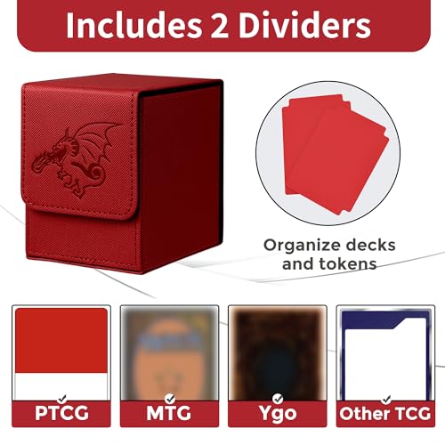 Card Deck Box with 2 Dividers, MTG Commander Deck Box Holds 100+ Double-Sleeved Cards, Leather Magnetic Deck Case Compatible with Magic TCG CCG Cards, Red/Dragon - color: 4. Red,Dragon 01, size: 100 Double-sleeved Cards Vertical