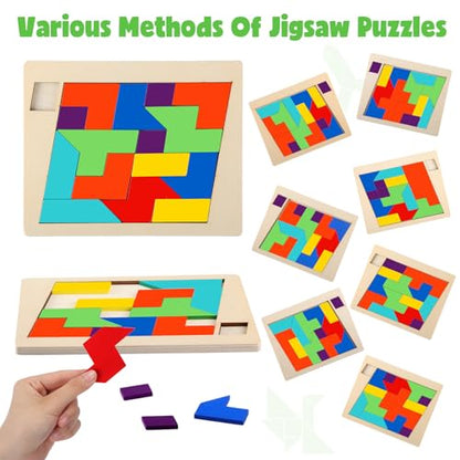 Yunsailing 3 Pack Large Wooden Blocks Puzzles Hexagon Tangram Puzzle Wooden Russian Brain Puzzles for Adult Challenge Teasers Geometric Jigsaw Logic Iq STEM Educational Gift Graduation(Multilateral) - style: Multilateral