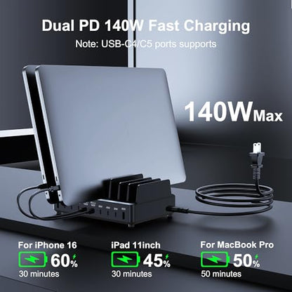 600W USB C Charging Station with Charging Stand (Black) | GaN Tech 10-Port PD3.1 140W QC60W Multiple Devices Charger Organizer for MacBook Laptop, iPad, iPhone and More