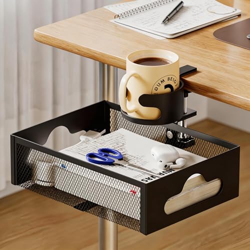 Clamp-On Under Desk Organizer with Cup Holder, 360° Rotating Mesh Drawer with Cable Hole, No-Drill Desk Drawer Organizer for Gaming Desk Accessories, Office Supplies, Coffee Mug, Dorm(2 in1)
