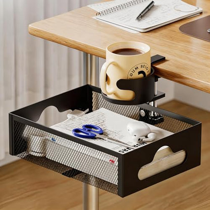 Clamp-On Under Desk Organizer with Cup Holder, 360° Rotating Mesh Drawer with Cable Hole, No-Drill Desk Drawer Organizer for Gaming Desk Accessories, Office Supplies, Coffee Mug, Dorm(2 in1)