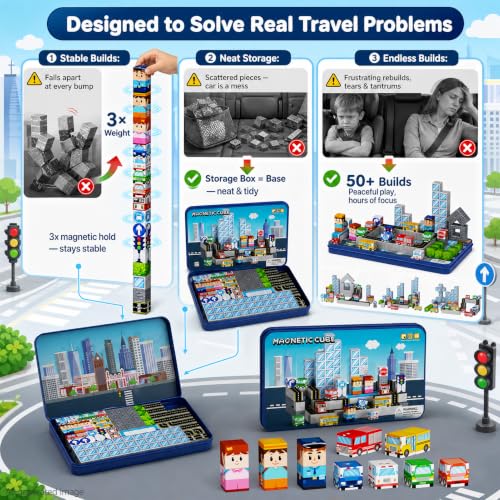 Strong Magnetic Travel Blocks：Great for on-the-go Play Ages 3-8 | Ideal Travel Play for Car Backseats & Airplane Tray Tables-City Traffic Magnetic Blocks Set for Kids - style: City Traffic 100