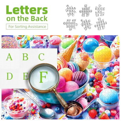Ice Cream Sweets 1000 Piece Jigsaw Puzzle for Adults Vibrant Summer Dessert Adult Jigsaw Puzzles Cool Unique Letters on Back Fun Family Challenging Puzzle Gifts for Adults Senior (27.6"x19.7") - color: Ice Cream Sweets