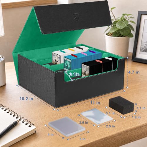 Trading Card Storage Box, Holds 1800 Sleeved Card, PU Magnetic Closure | 200 Toploaders and 600 Penny Sleeves INCLUDED, 10 Dividers and 6 Foam Stoppers INCLUDED, Fit for MTG, TCG and Sports Cards - color: Black and Green
