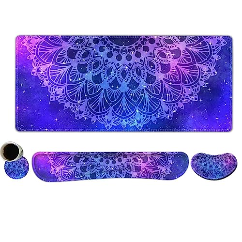 AIMSA Keyboard Mouse Pad Set, Large Gaming Mouse Pad +Wrist Rest Mouse Pad +Keyboard Wrist Support +Coaster, 35x15.7 inch Extended Desk Mat for Easy Typing Pain Relief (Blue Purple Mandala) - color: Blue Purple Mandala