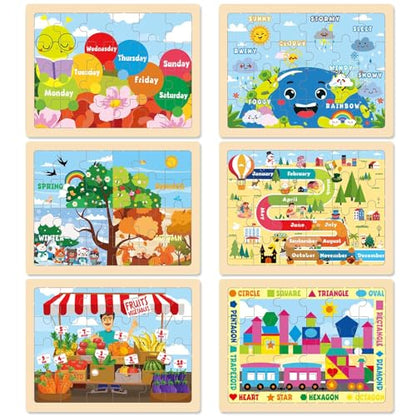 Montessori Wooden Puzzles for Toddlers 3-5, 6 Packs 24Pcs Solar System Learning Toys, Educational Preschool Puzzle Set, Toys for Kids Age 3 4 5 6 7 8, Birthday Gift for Boys Girls（Season） - style: Seasons
