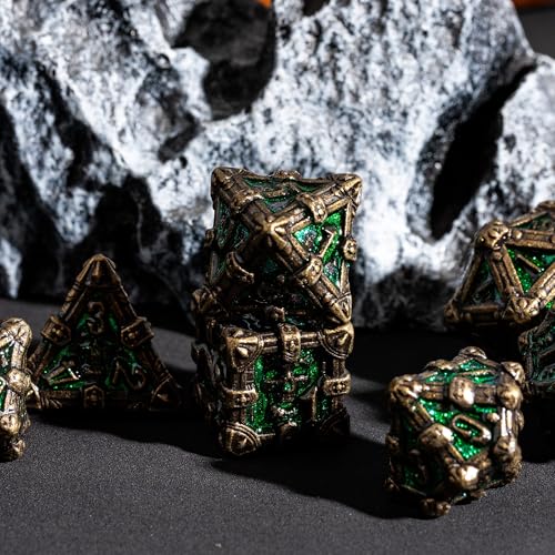 Metal Skull Dice Set with Skull Bag,7PCS Polyhedral Metal Dice Set for DND Role Playing Games(Bronze Green) - color: Skull Bronze Green