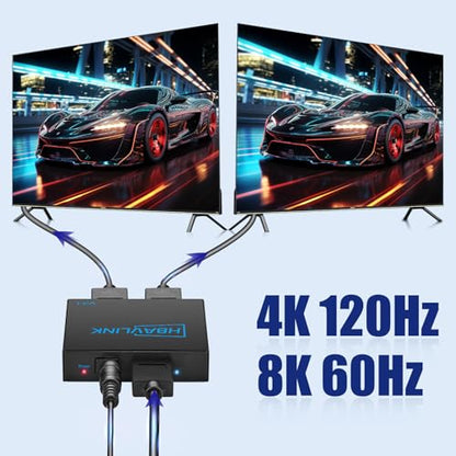 HDMI Splitter - HDCP, HDR, Dolby/DTS5.1/7.1 - Compatible with Firestick 4k Max, PS3/PS5 & Elgato HD60s/x/Pro, Apple TV 4K, Retrotink, Roku soundbar, NOT for Phone (HB-SP102B-8K) - size: Splitter 1x2 8K@60Hz