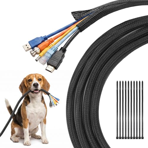 Delamu 10ft - 1/2 inch Cable Sleeve Cord Protector from Pets No Chew, Split-Braided PVC Wire Loom Tubing for Desk Computer USB TV Cord Organizer, Easy Set-up Cable Management Sleeve Kit, Black - color: Black, size: 1/2"-10ft