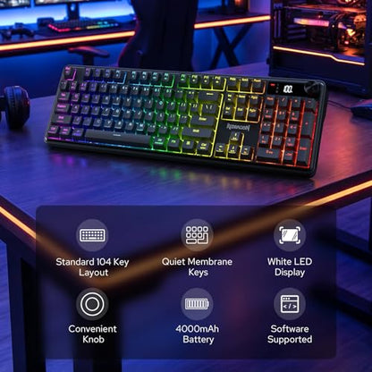 Redragon K526 PRO RGB Wireless Membrane Gaming Keyboard, 104 Keys Mechanical-Feel Keyboard w/LED Info Display, Media/Backlit Knob Control, Smooth Linear Switch & Software Supported - color: Black