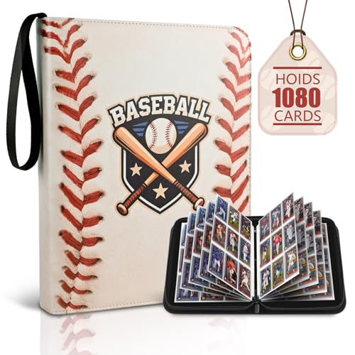 Baseball Card Binder, 9 Pocket Trading Card Zip Binder Holds 1080 Cards | Logo-free design,top-loading pages,removable double-sided pockets,waterproof cover,soft lnner lining. - color: Baseball, size: 9 Pocket 1080