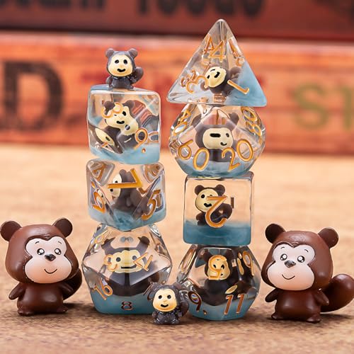 DND Dice Set, Bear Resin Cute Polyhedral Dice for Dungeons and Dragons, RPG, MTG D&D 7-DIE (D4, D6, D8, D10, D12, D20, D%) for Ages 15 and Up - color: Monkey