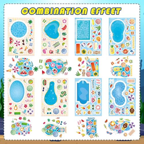 Summer Stickers, Make a Pool Sticker, Make Your Own Stickers for Kids | 24 Sheets Pool Stickers, Mix & Match Craft Kit for Summer Party Favors & Activities - style: Pool