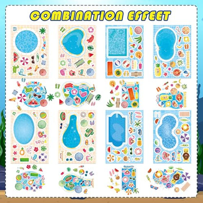 Summer Stickers, Make a Pool Sticker, Make Your Own Stickers for Kids | 24 Sheets Pool Stickers, Mix & Match Craft Kit for Summer Party Favors & Activities - style: Pool