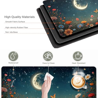 Vimorco Waterproof Mouse Pad,31.5 x 15.7 inch,Black Moon Flowers Desk Pad | XXL Large Mouse Extended Gaming Mousepad with Anti-Slip Rubber Base,Computer Laptop Keyboard Mouse Mat for Work,Game,Office - color: Black Moon Flowers