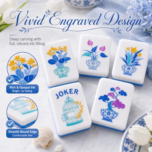 Soulchen 1.2 Inch Blue Houseplant American Mahjong Set, 168 Pcs Tiles | Engraved, Tote Bag Dice Carry Pouch, Complete American Mahjong Set, Game Night Travel Vacation Collection Gift - color: Blue, size: 1.2 Inch