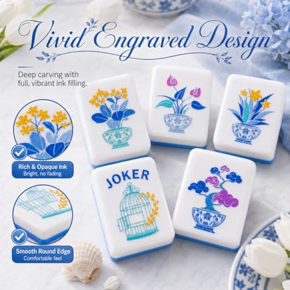 Soulchen 1.2 Inch Blue Houseplant American Mahjong Set, 168 Pcs Tiles | Engraved, Tote Bag Dice Carry Pouch, Complete American Mahjong Set, Game Night Travel Vacation Collection Gift - color: Blue, size: 1.2 Inch