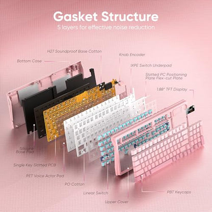 RedThunder K95 Wireless Mechanical Keyboard, TFT Screen & Knob, Triple-Mode, Custom Gasket Mount Hot-Swap, Pre-lubed Linear Pink Switches, RGB Backlit, Side-Printed PBT Keycaps, Gradient Sakura Pink - color: Gradient Sakura Pink