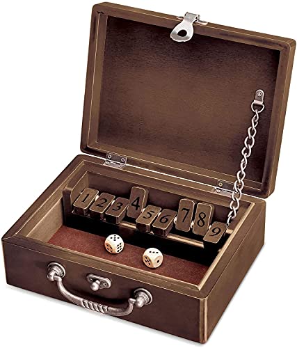 WE Games Shut the Box Dice Game - Classic Table Top Board Game for Adults and Families, Old World Wooden Box, 8.75 in. Travel Size, Walnut Stained Wood, 9 Numbers