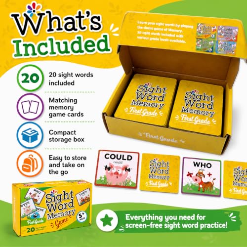 Sight Word Memory Game for Kids Ages 4-8, Matching Card Game for Preschool, Kindergarten, 1st & 2nd Grade, Learn to Read Educational Reading Game for Homeschool & Classroom (First Grade)