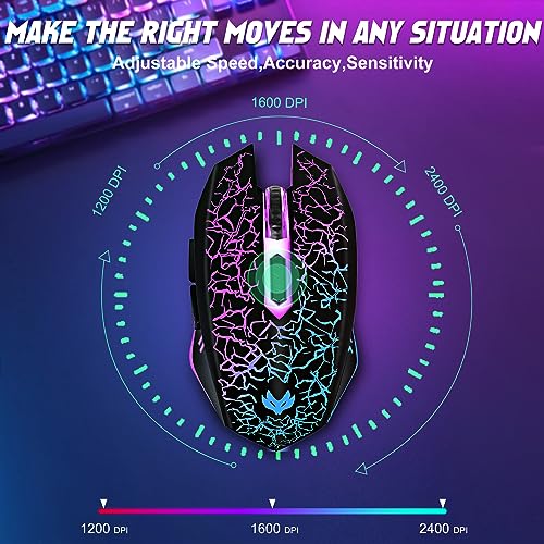 Wireless Gaming Mouse, Rechargeable Wireless Computer Mouse, 7-Color LED Light, Ergonomic Mouse with 6 Silent Click Buttons, 3 Adjustable 2400 DPI Wireless Mouse for Laptop,PC,Mac, Black - color: BLack
