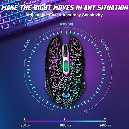 Wireless Gaming Mouse, Rechargeable Wireless Computer Mouse, 7-Color LED Light, Ergonomic Mouse with 6 Silent Click Buttons, 3 Adjustable 2400 DPI Wireless Mouse for Laptop,PC,Mac, Black - color: BLack
