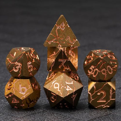 DND Dice Set Metal,Polyhedral D&D Metallic D and D Dice with Cracks for Dungeons and Dragons RPG TTRPG 7-Die Set with Gift Case (Red-Copper) - color: Red-copper