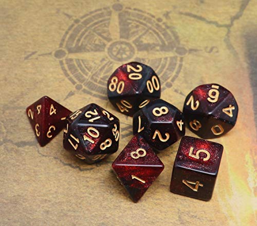 DND Dice Set 7Pcs Red Mix Black Nebula Dice for Dungeon and Dragons D&D RPG Role Playing Games Polyhedral Dice - color: Black Mixed Red+glitter