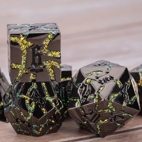 Cracked Rune Metal Dice Set for DND & RPG – Dark Fantasy Fractured Design, Premium Heavy Metal Polyhedral Dice with Deep Engraved Numbers, 7-Piece Set – Green Mystic Vein - color: Black Nickel Yellow