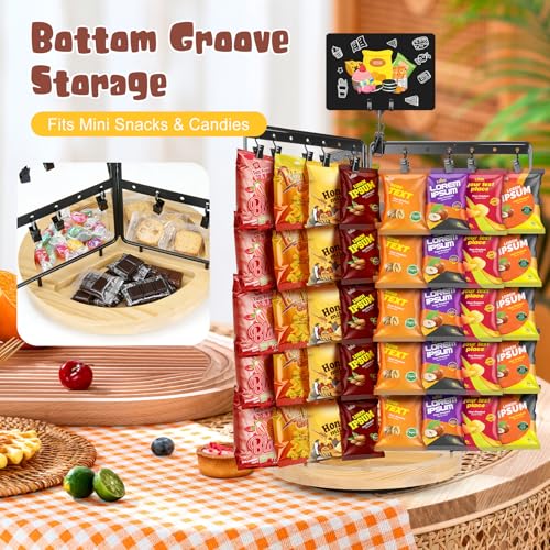 Chip Rack Display Stand, 6-Side 5-Tiers Chip Holder Display with 80 Adjustable Clips, Wooden Base Countertop Snack Organizer for Concession Stand, Parties - With Message Board & Pen - size: Fixed use