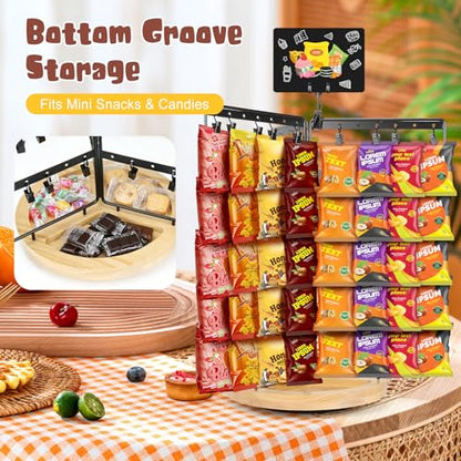 Chip Rack Display Stand, 6-Side 5-Tiers Chip Holder Display with 80 Adjustable Clips, Wooden Base Countertop Snack Organizer for Concession Stand, Parties - With Message Board & Pen - size: Fixed use