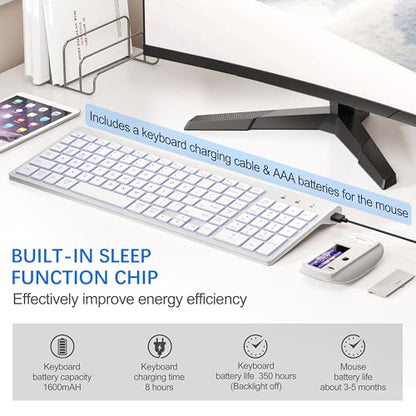Wireless Backlit Keyboard and Mouse Ultra Slim Combo, TopMate 2.4G Silent Compact 2400DPI Mouse and Scissor Switch Keyboard Set, Batteries Included, for PC/Laptop/Windows/Mac/Gaming - BL Matte White - color: BL Matte White