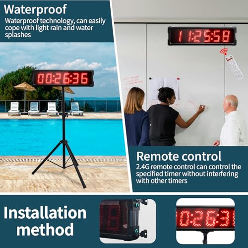 Race Clock with Tripod for Running Events, Large LED Stopwatch with Remote,Countdown/Count up Gym Timer for Home,Wall Digital Time Clocks - style: waterproof+red